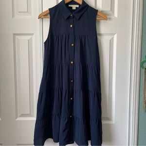 Monteau Los Angeles Sleeveless Collard Tiered Swing Dress Navy Size XS.